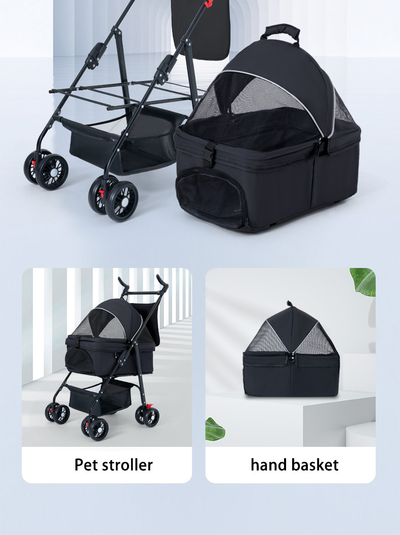 Waterproof Pad, Car Seat, Sun Shade 4 Wheels Dog Pet Folding Stroller Cat Puppy Stroller Removable Travel Carrier