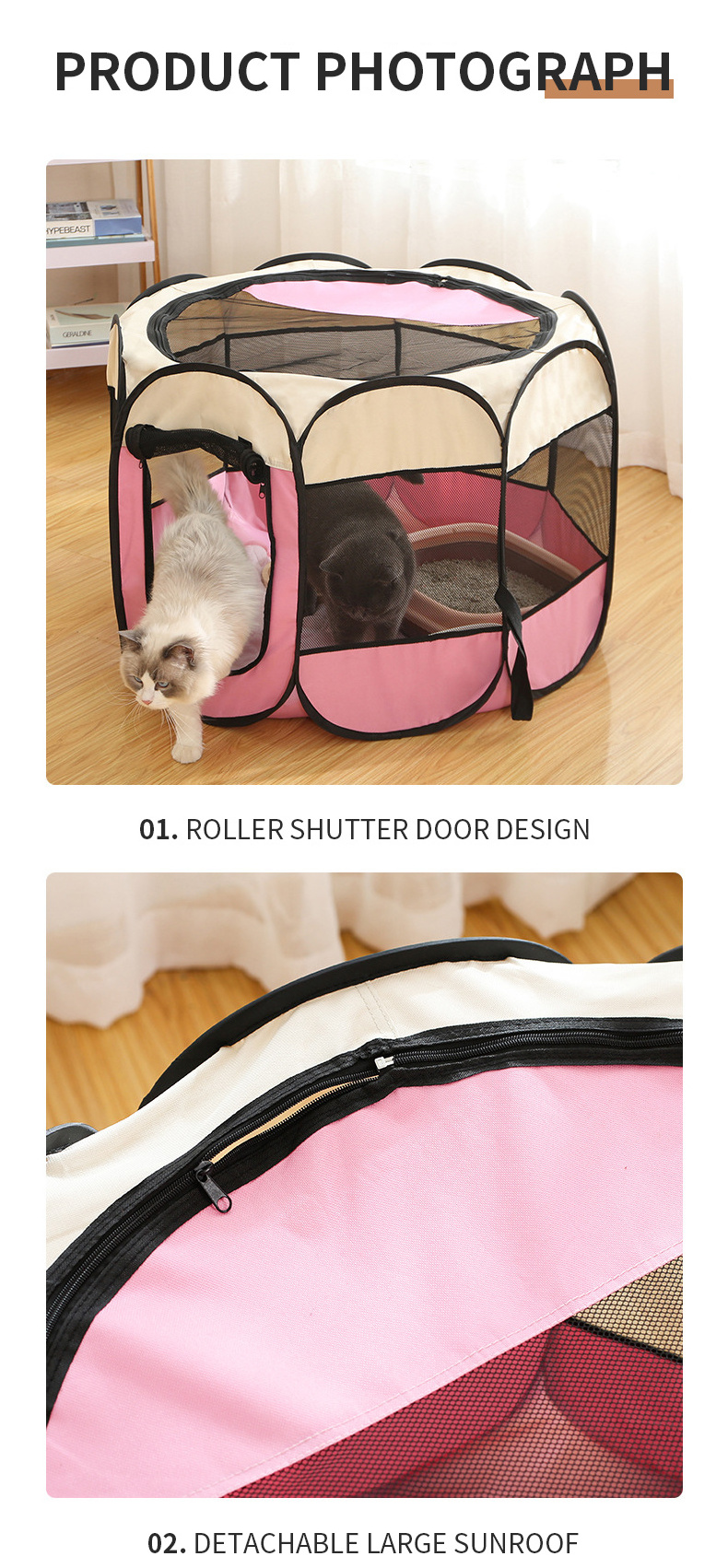 Water-Resistant and Removable Shade Cover  Removable Zipper Top Portable Pet Playpen  600d Oxford Cloth Pink for Dog and Cat