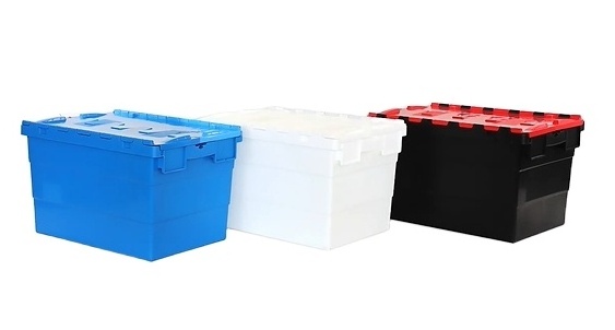 Solid Warehouse Moving Crate Attach-Lid Plastic Storage Containers Stackable Tote Turnover Box for Delivery and Transport