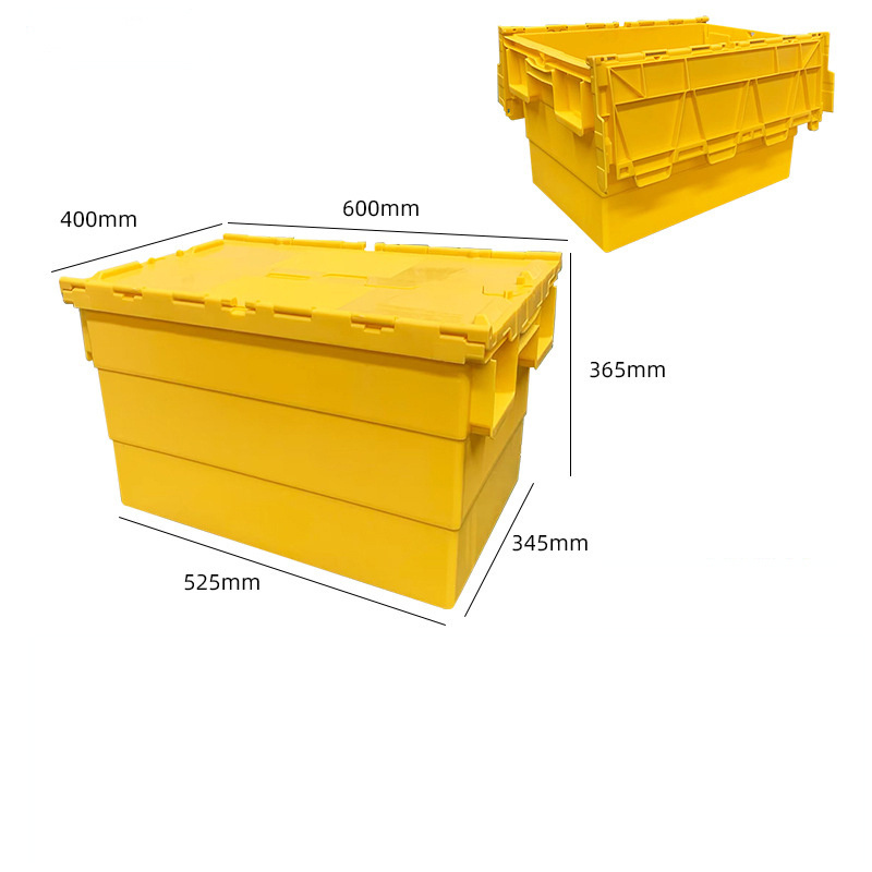 Solid Warehouse Moving Crate Attach-Lid Plastic Storage Containers Stackable Tote Turnover Box for Delivery and Transport