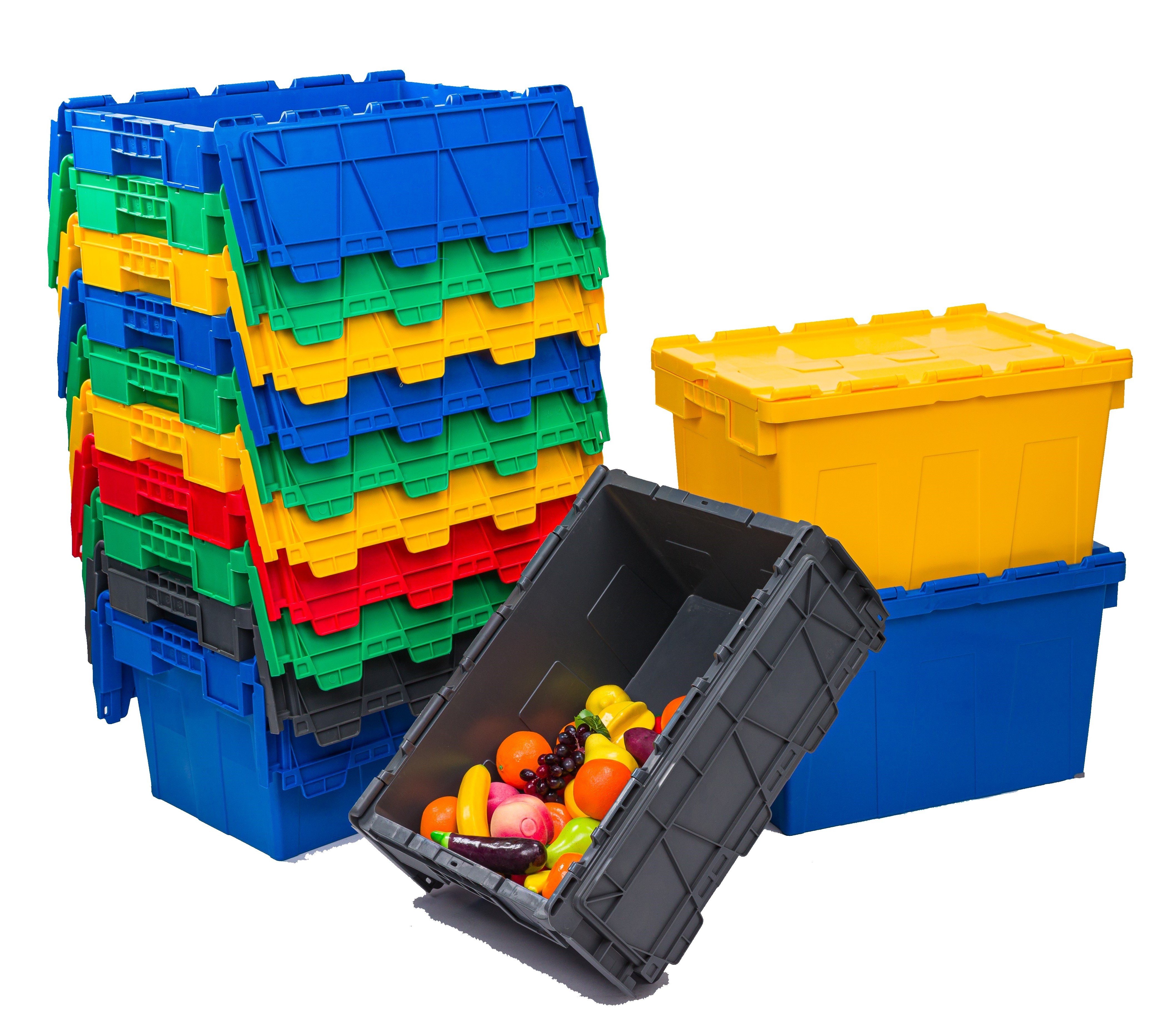 Industrial Stackable and Nestable  Plastic Moving Crate Storage Turnover Attached lid container Totes Boxes