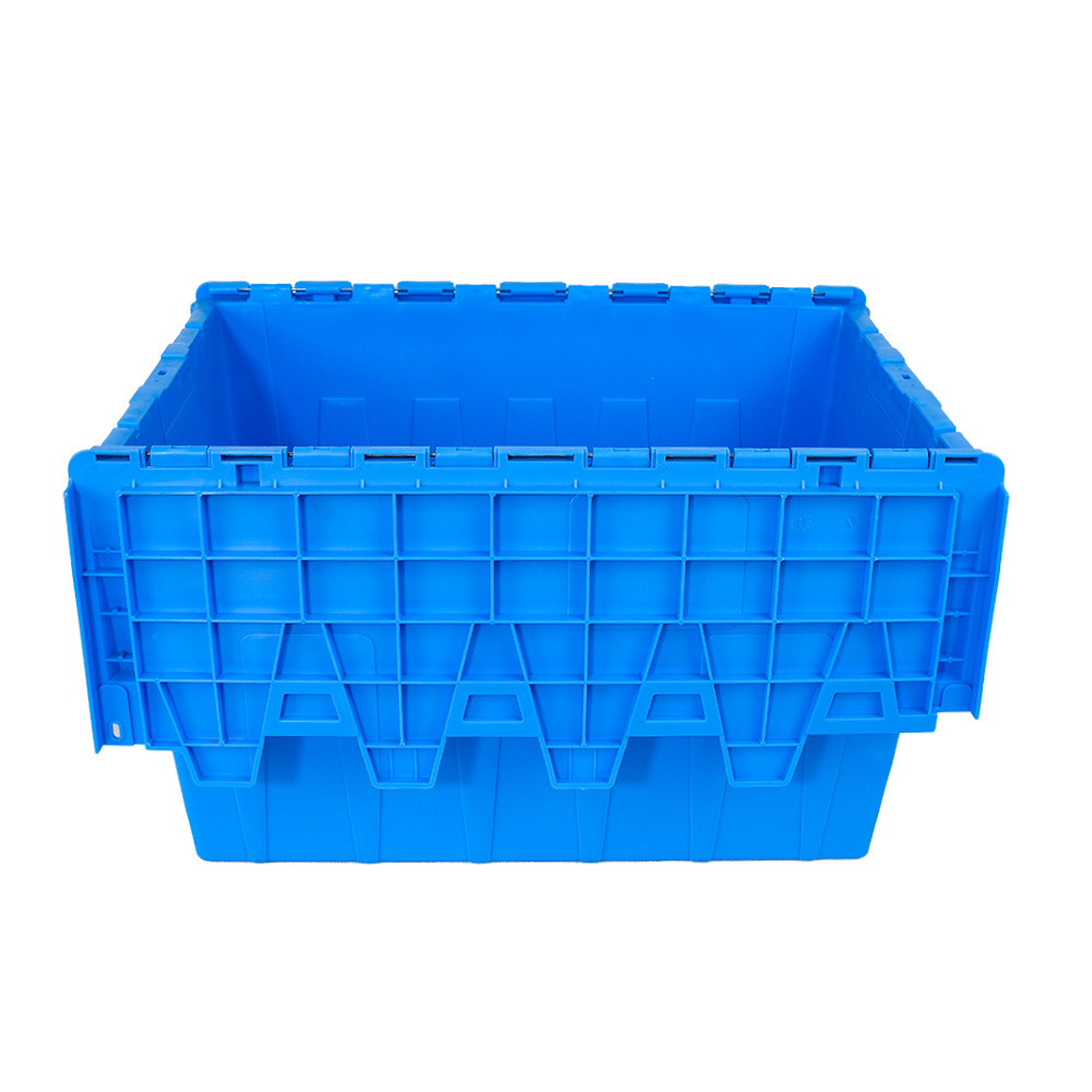 Attached lid container plastic moving crates industrial heavy duty plastic storage crates