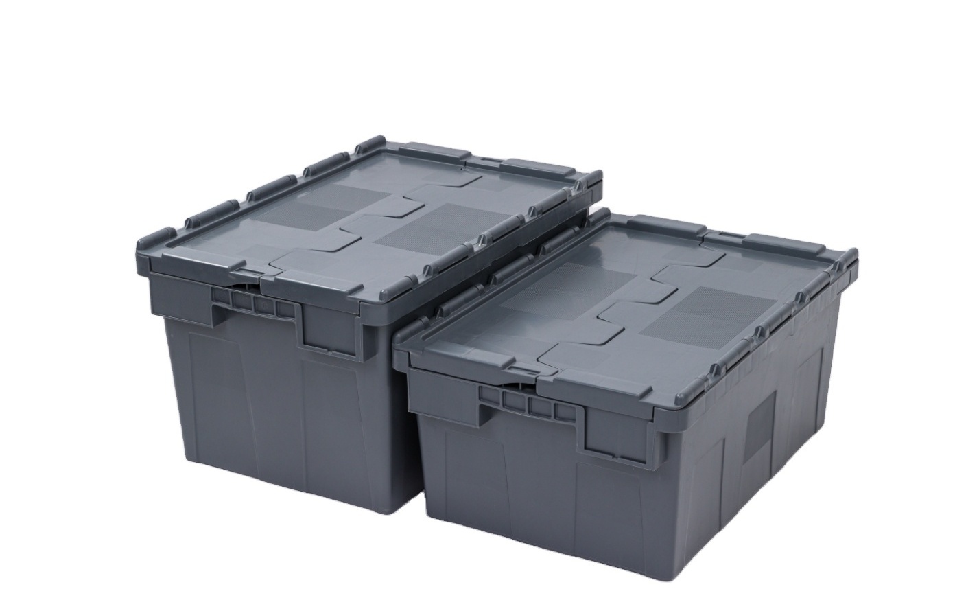 Stackable Plastic Turnover Crate with Attached Lid for Warehouse Storage and Transport