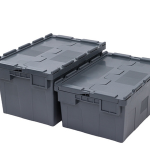 Stackable Plastic Turnover Crate with Attached Lid for Warehouse Storage and Transport