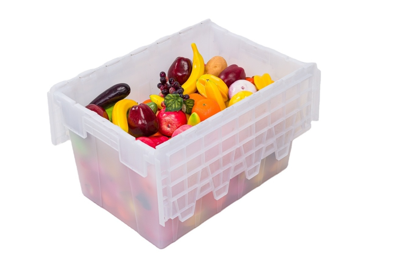 Stackable Plastic Turnover Crate with Attached Lid for Warehouse Storage and Transport