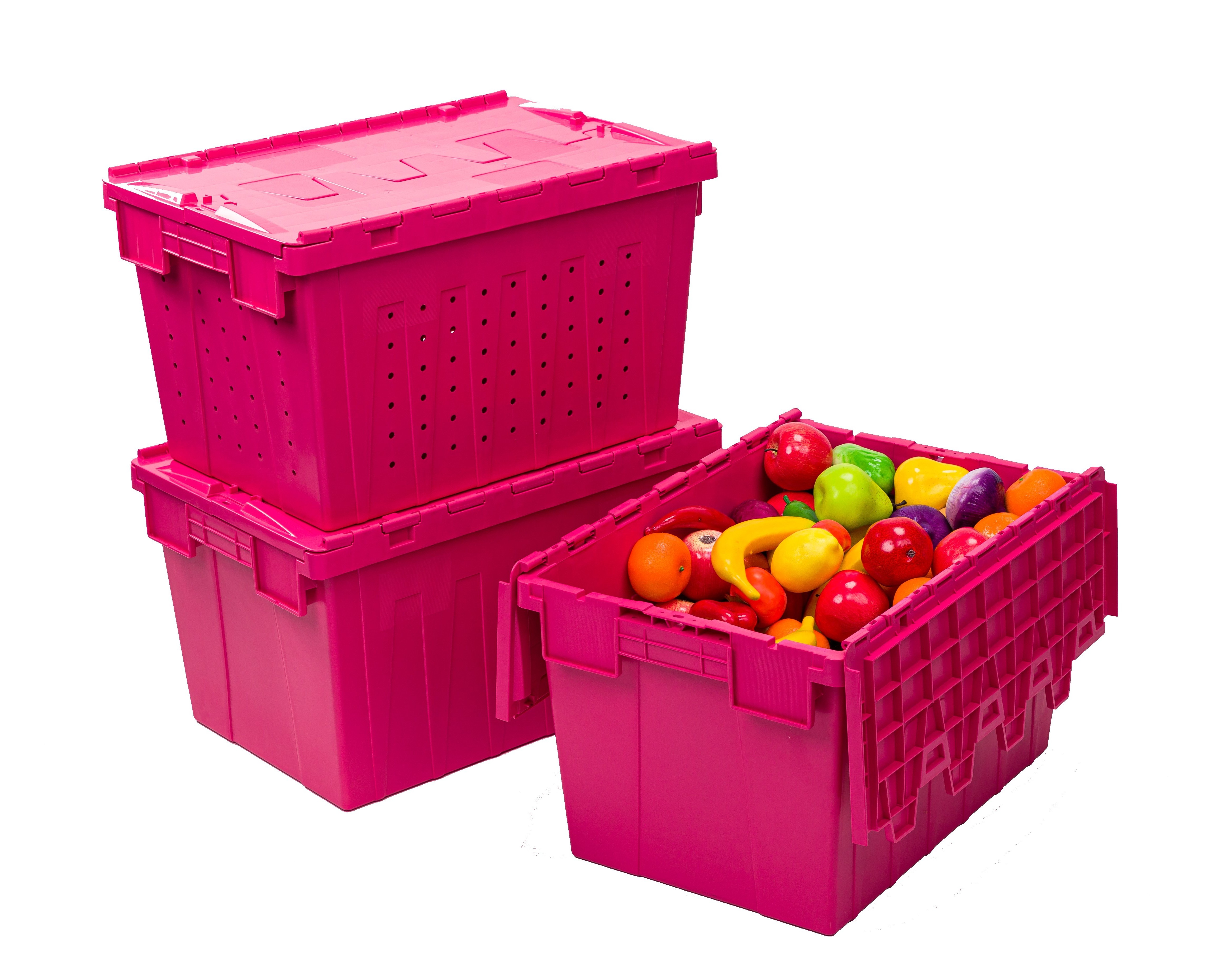 Pink Custom plastic logistic storage tote crate for storage and moving attached lid container box