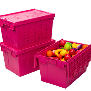 Pink Custom plastic logistic storage tote crate for storage and moving attached lid container box