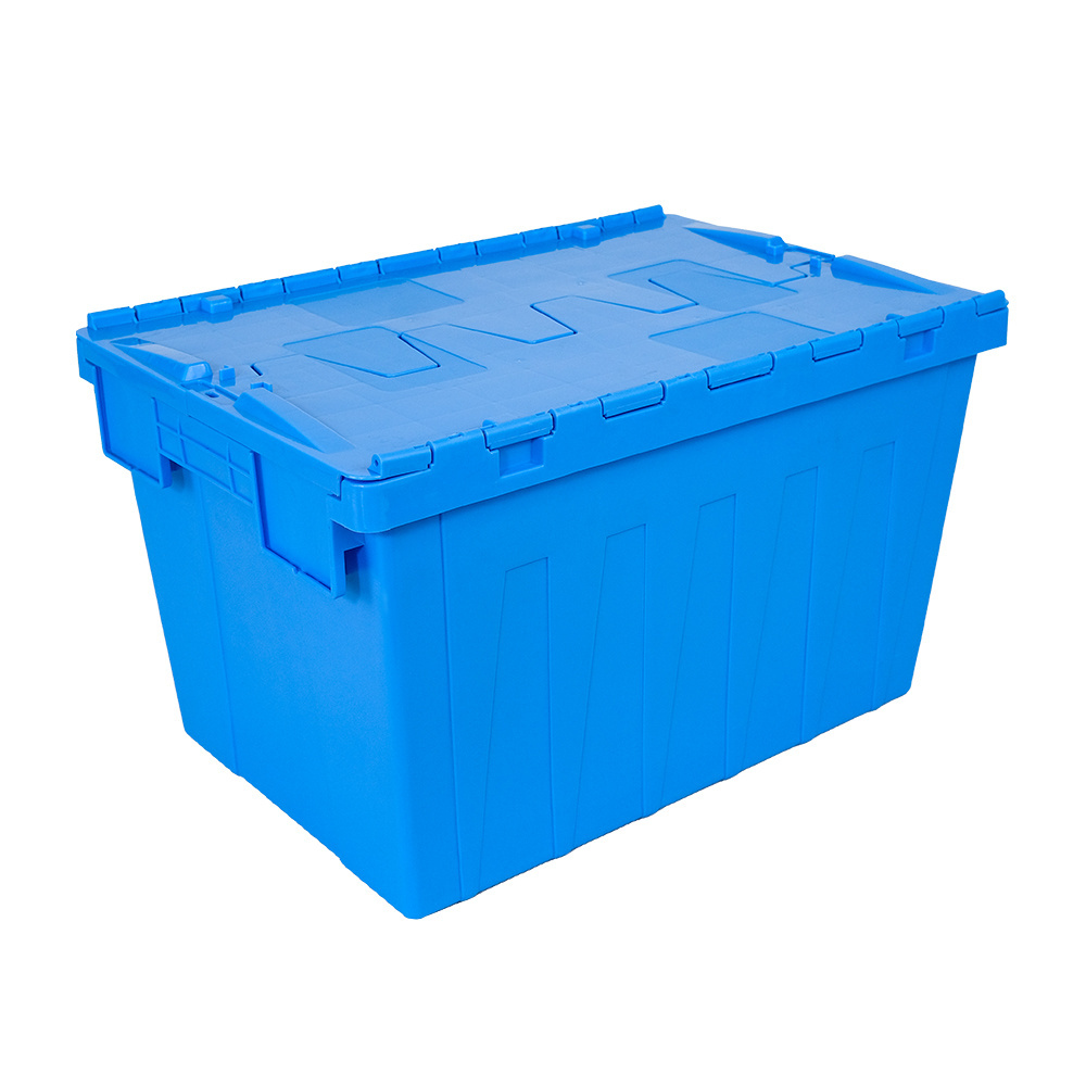 Attached lid container plastic moving crates industrial heavy duty plastic storage crates