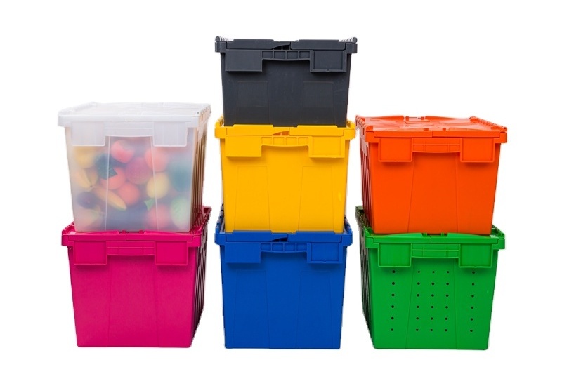 Pink Custom plastic logistic storage tote crate for storage and moving attached lid container box