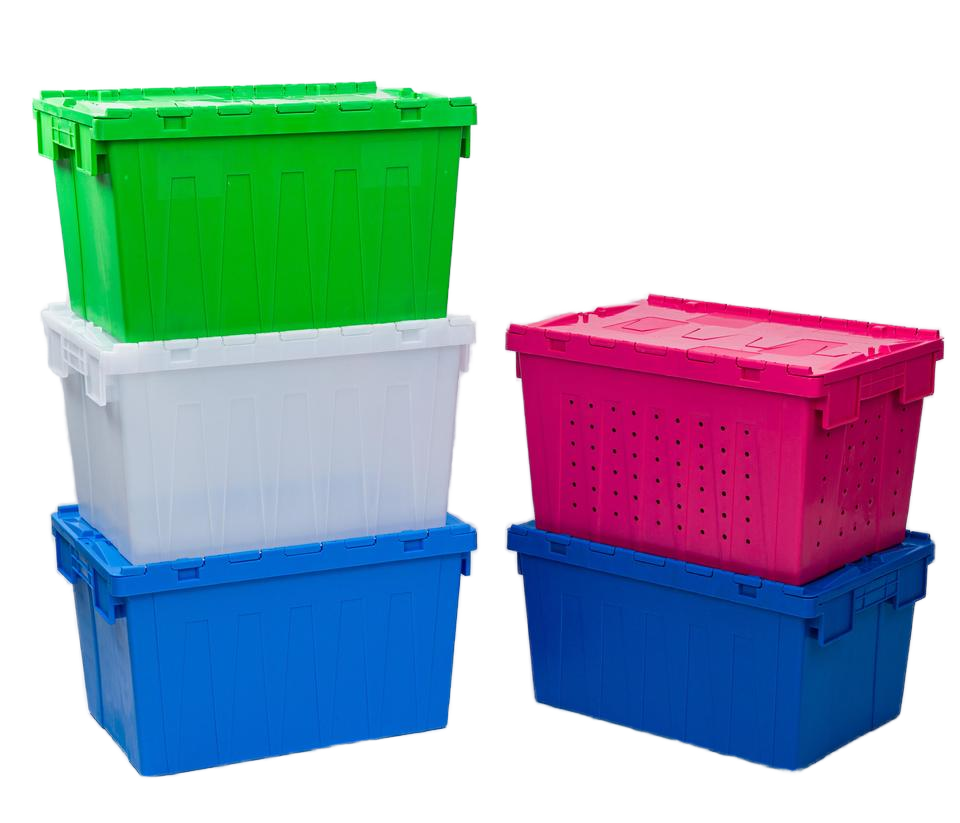 Attached lid container plastic moving crates industrial heavy duty plastic storage crates