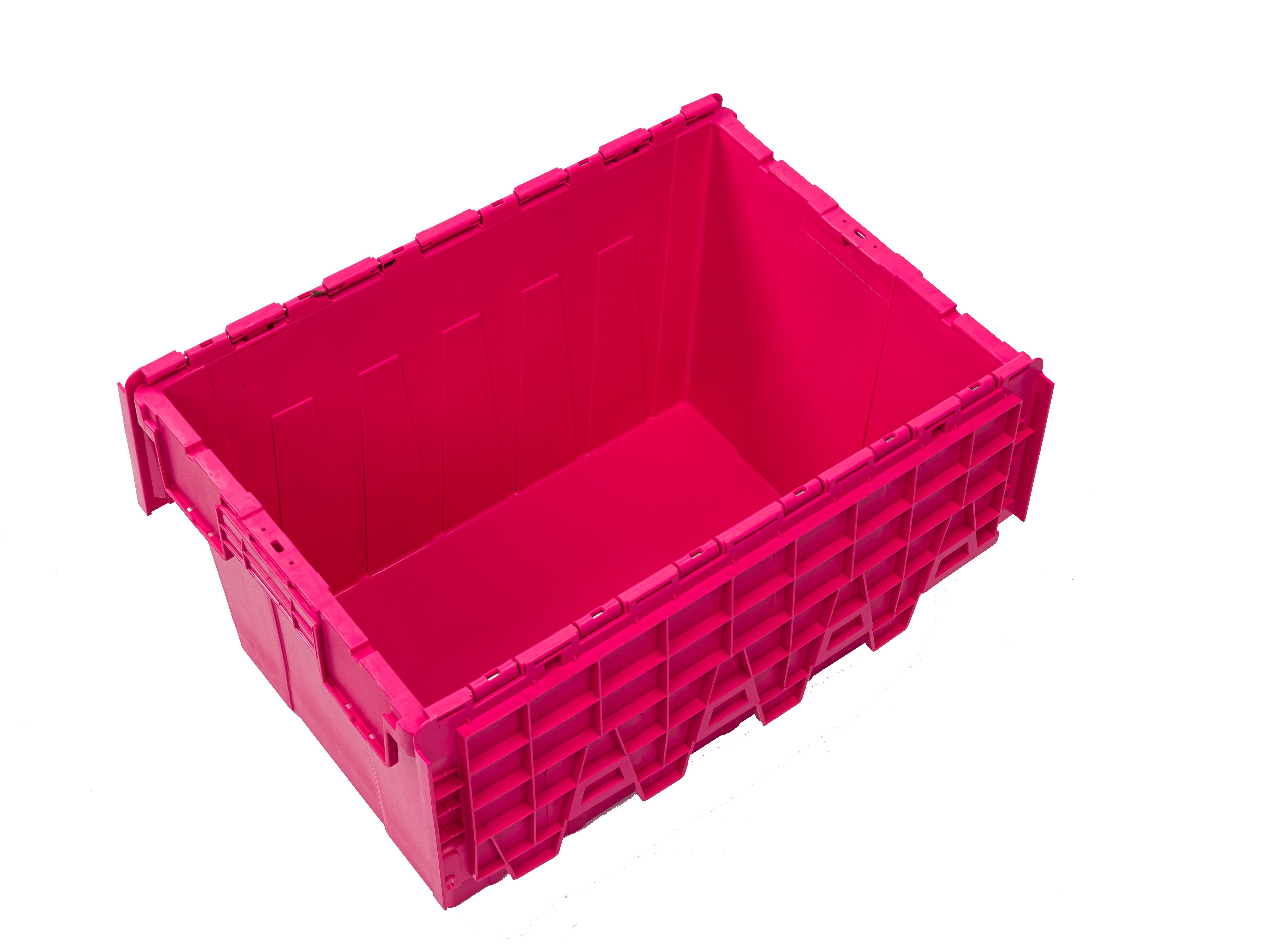 Pink Custom plastic logistic storage tote crate for storage and moving attached lid container box