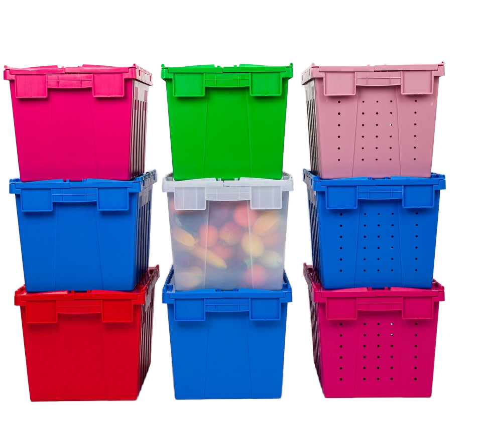 Attached lid container plastic moving crates industrial heavy duty plastic storage crates