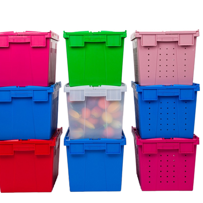 Attached lid container plastic moving crates industrial heavy duty plastic storage crates