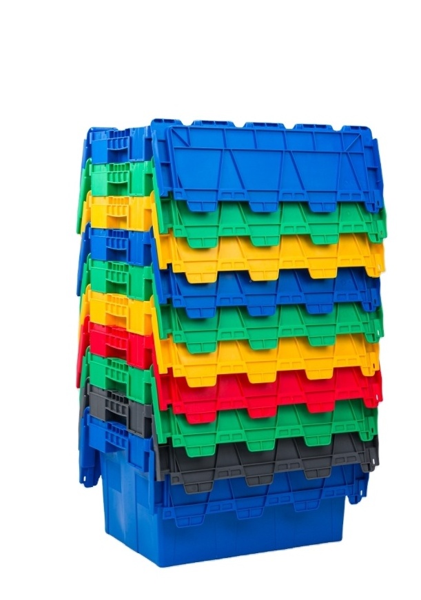 Stackable Plastic Turnover Crate with Attached Lid for Warehouse Storage and Transport