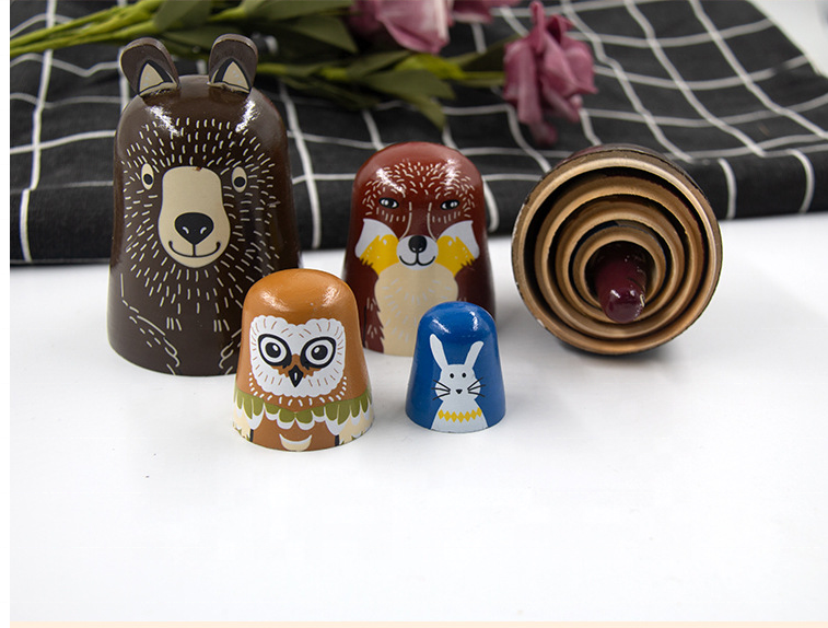 5 Piece Cute Cartoon Owls Wooden Russian Nesting Stacking Dolls Brown Color Handmade Russia Art Craft Great Toy Gift for child