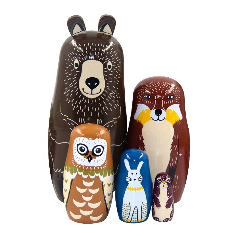 5 Piece Cute Cartoon Owls Wooden Russian Nesting Stacking Dolls Brown Color Handmade Russia Art Craft Great Toy Gift for child