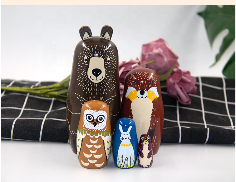 5 Piece Cute Cartoon Owls Wooden Russian Nesting Stacking Dolls Brown Color Handmade Russia Art Craft Great Toy Gift for child