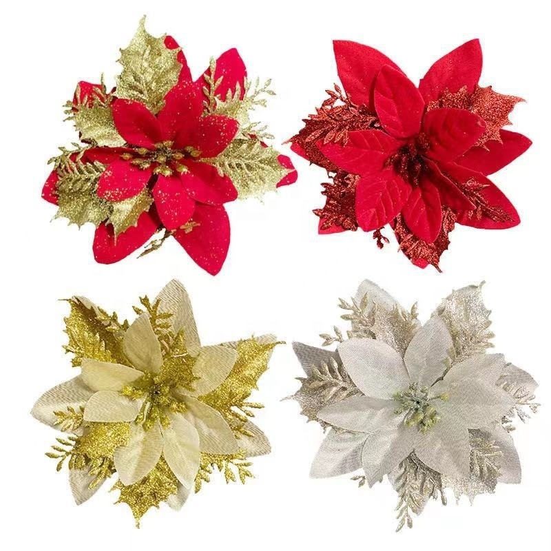 Poinsettia Artificial Christmas Flowers Christmas Tree Poinsettia Decorations with Clips for Xmas Wedding Party Wreath