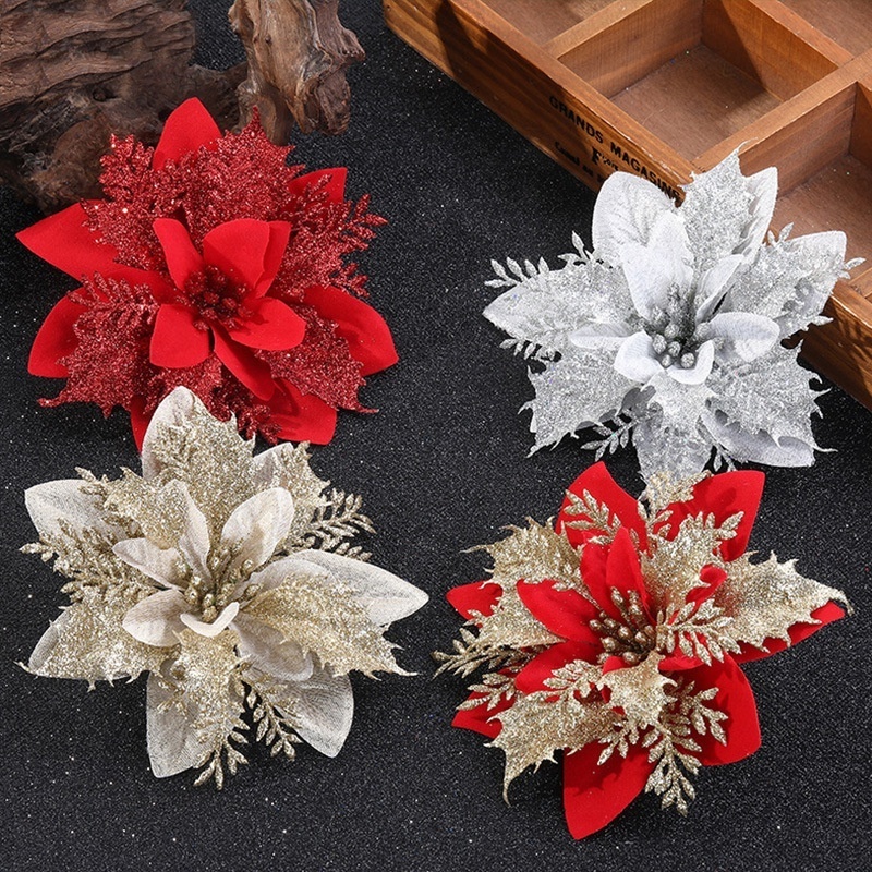 Poinsettia Artificial Christmas Flowers Christmas Tree Poinsettia Decorations with Clips for Xmas Wedding Party Wreath