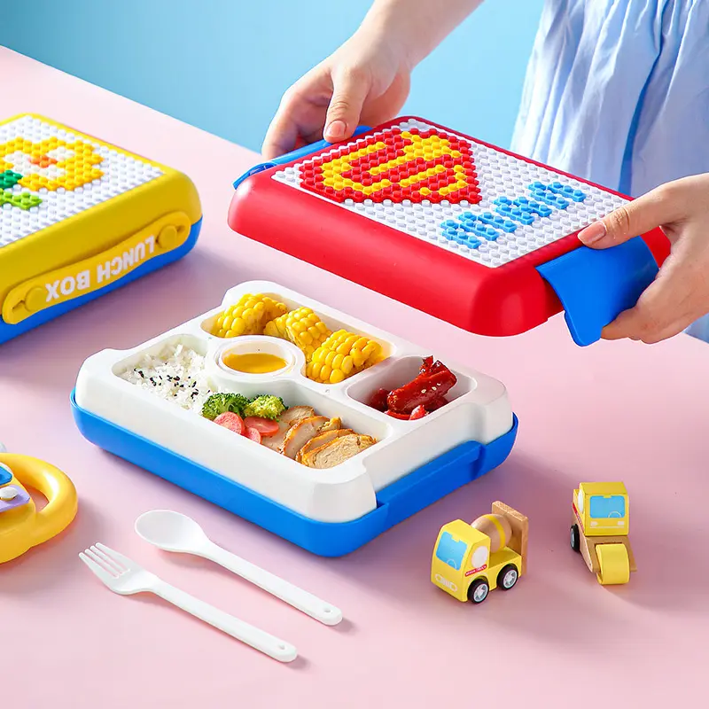 New Cartoon DIY BPA Free pixel building blocks children's compartments plastic lunch box kids lunch box picnic fruit salad box