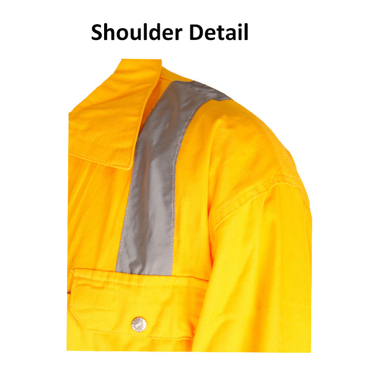 200GSM Yellow Boiler Suit Cotton Long Sleeve High Visibility Reflective Strip Safety Men Workwear Boilersuit Working Coveralls