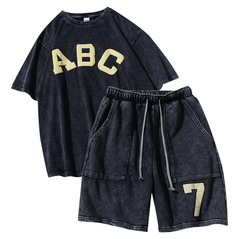 Customized Men Summer 2 Piece Tracksuit Short Set Unisex Sweatsuit Printed Short Sleeve Washed Shorts t Shirt Set For Men