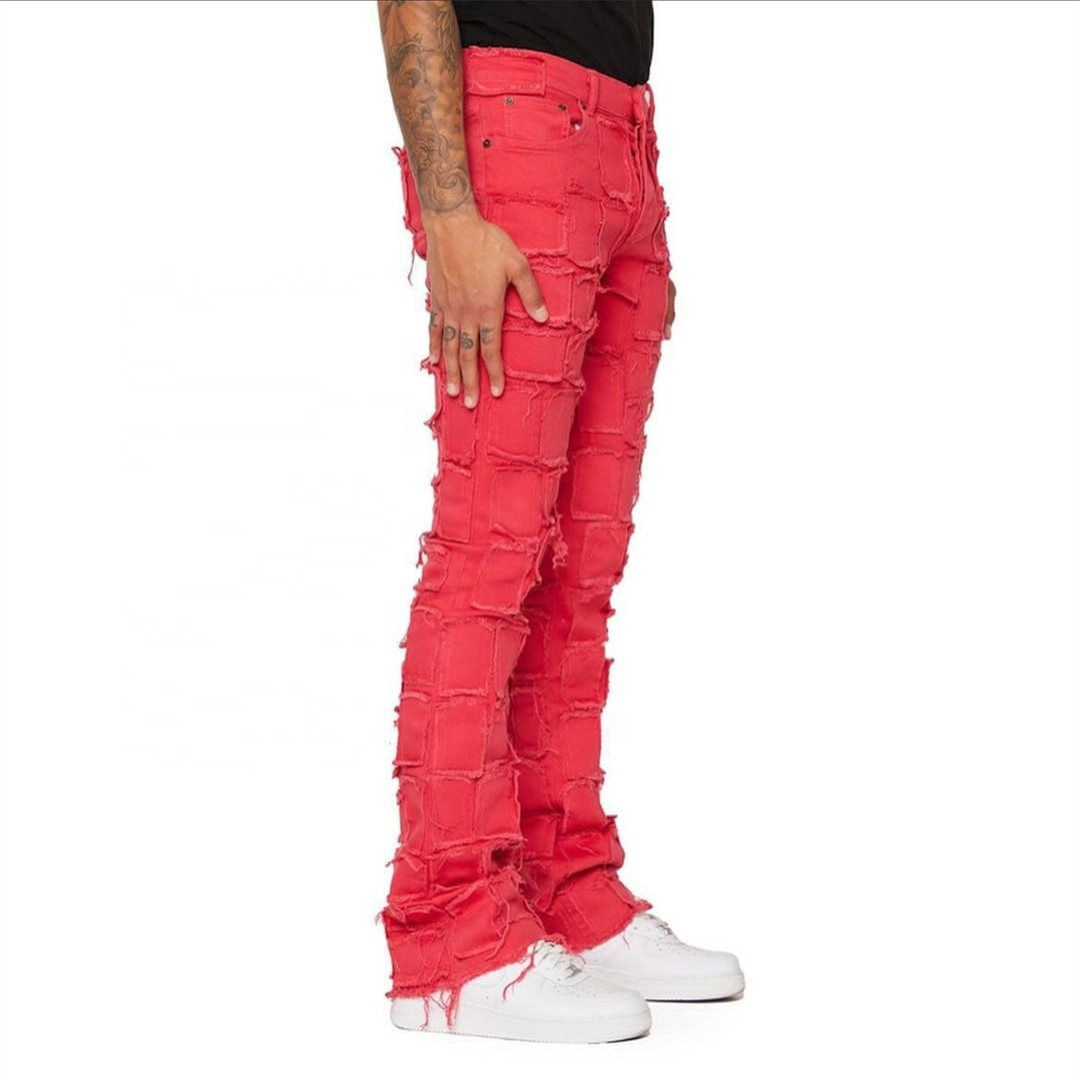 NEW Washed Damaged Street Wear Custom Flare Stacked Denim Ripped Jeans Men