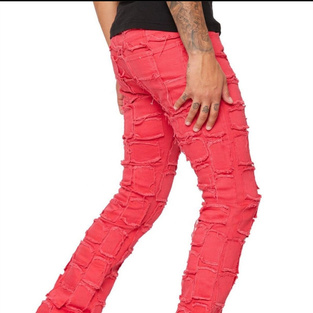 NEW Washed Damaged Street Wear Custom Flare Stacked Denim Ripped Jeans Men