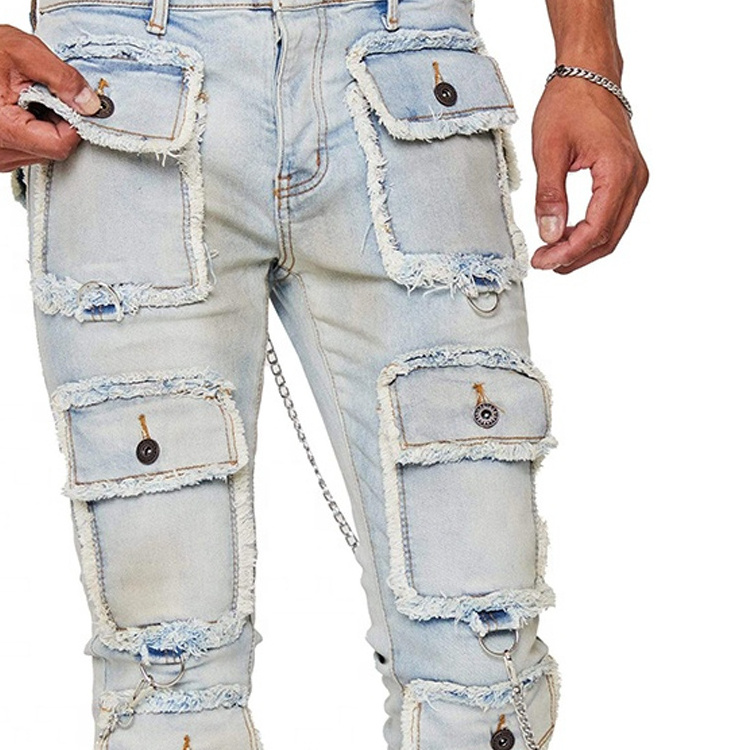 WORK OUT custom style denim jeans distressed fashion stacked jeans men