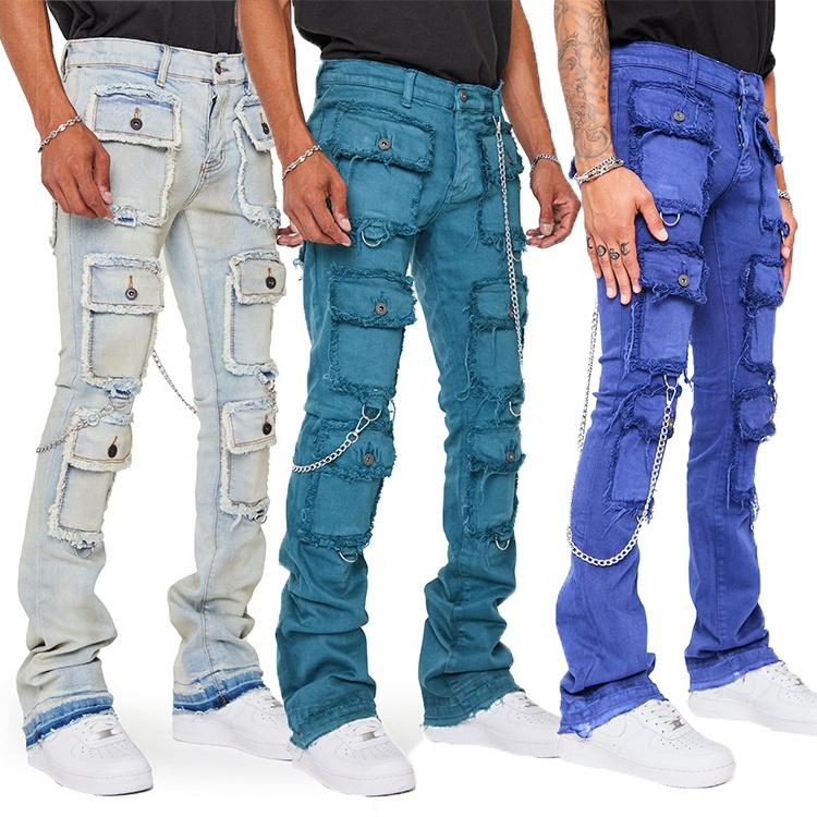 WORK OUT custom style denim jeans distressed fashion stacked jeans men