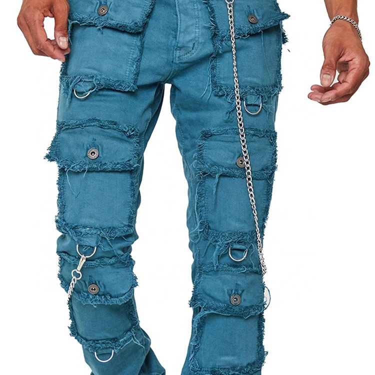 WORK OUT custom style denim jeans distressed fashion stacked jeans men