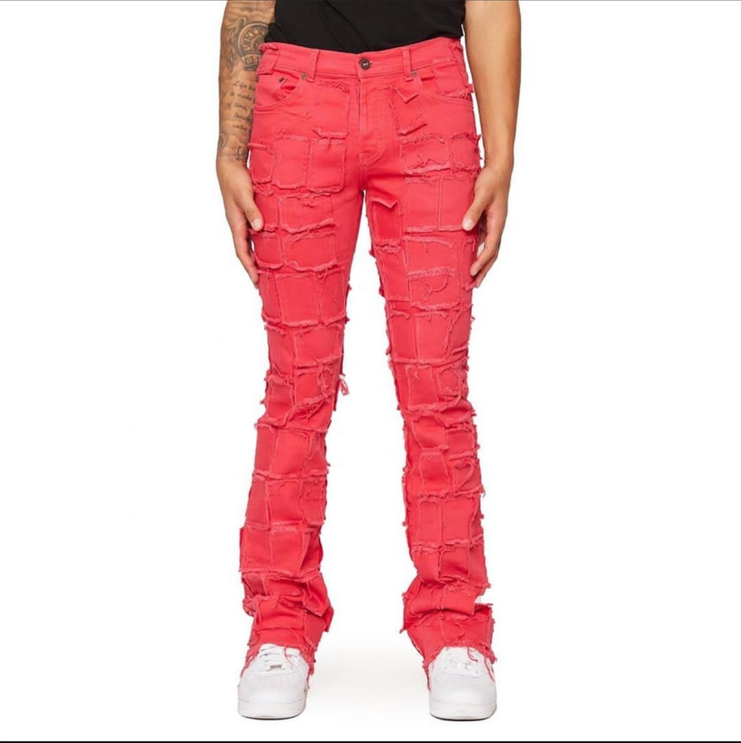 NEW Washed Damaged Street Wear Custom Flare Stacked Denim Ripped Jeans Men