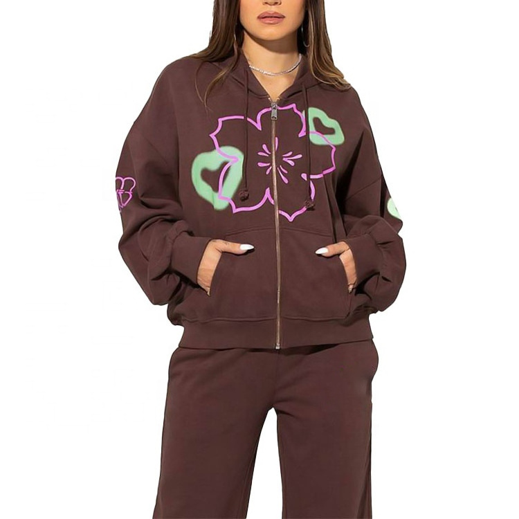 OEM custom print graphic hoodie 100% cotton Puff Sleeve Zip Up Split Pink Flower Print Hoodies set