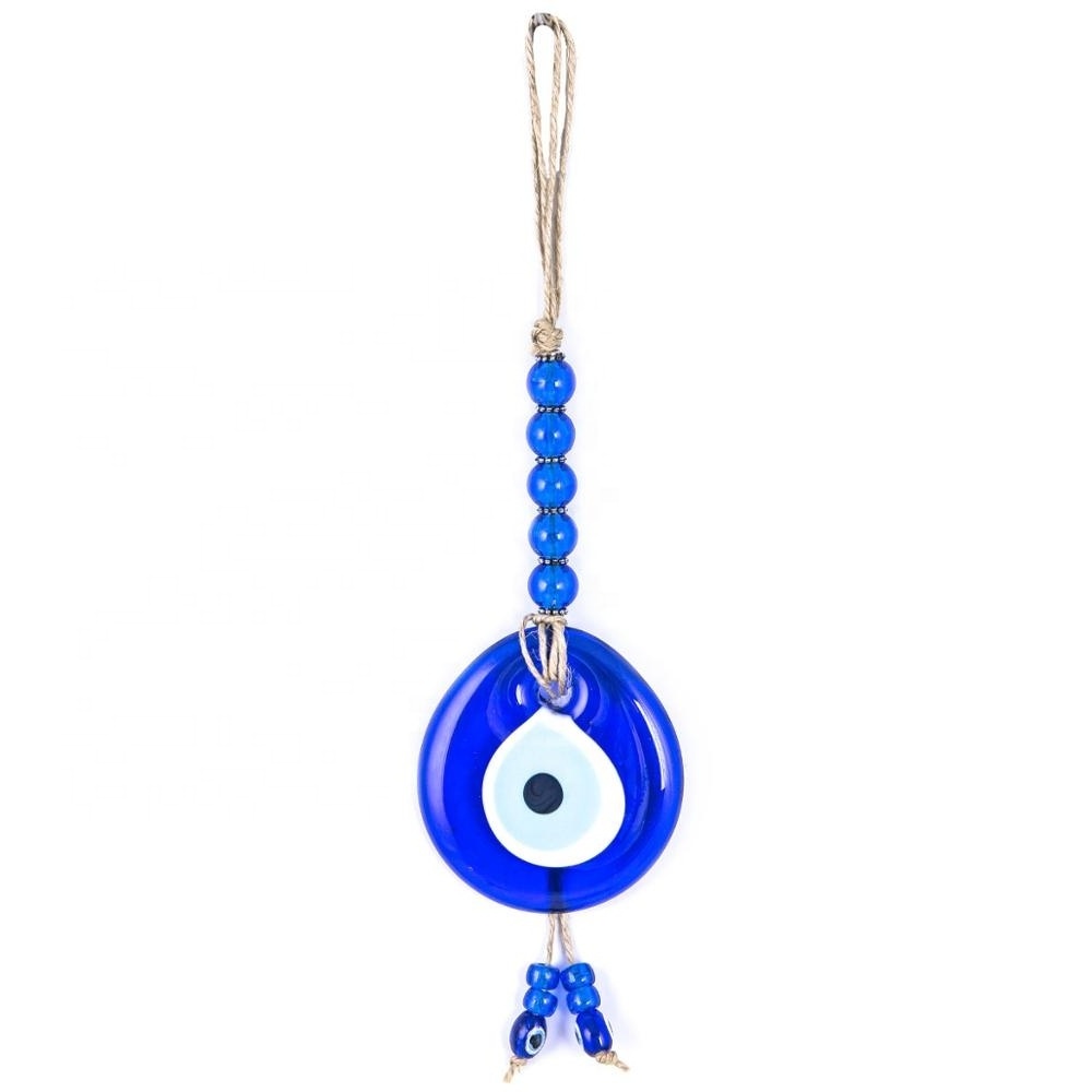 Linen Roped Wicker Weave 7 Cm Glass Evil Eye and Small Plastic Beaded Wall Hanging Decoration