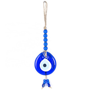 Linen Roped Wicker Weave 7 Cm Glass Evil Eye and Small Plastic Beaded Wall Hanging Decoration