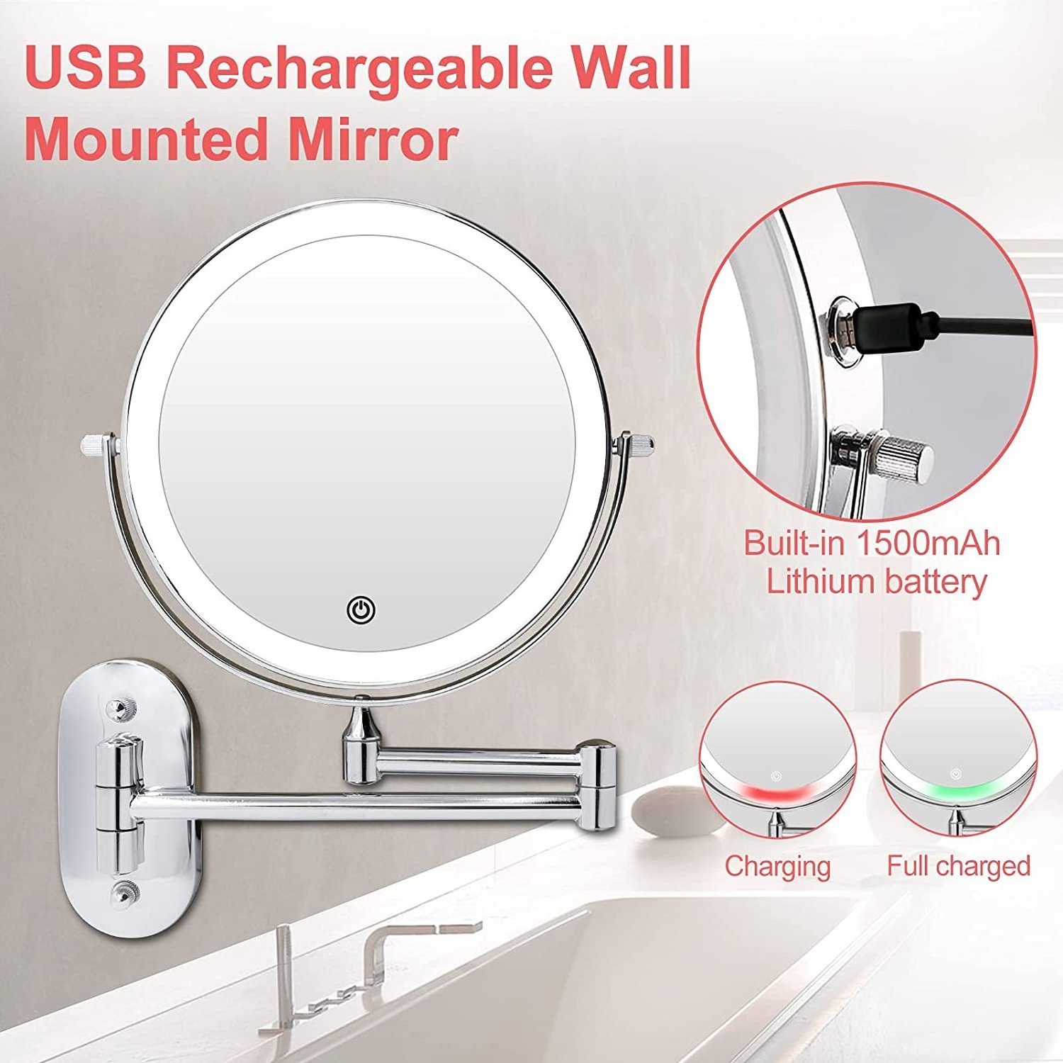 USB Rechargeable and Cordless Wall Mounted Dual Arm LED Folding 8