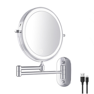 USB Rechargeable and Cordless Wall Mounted Dual Arm LED Folding 8" Bathroom Makeup Vanity Mirror