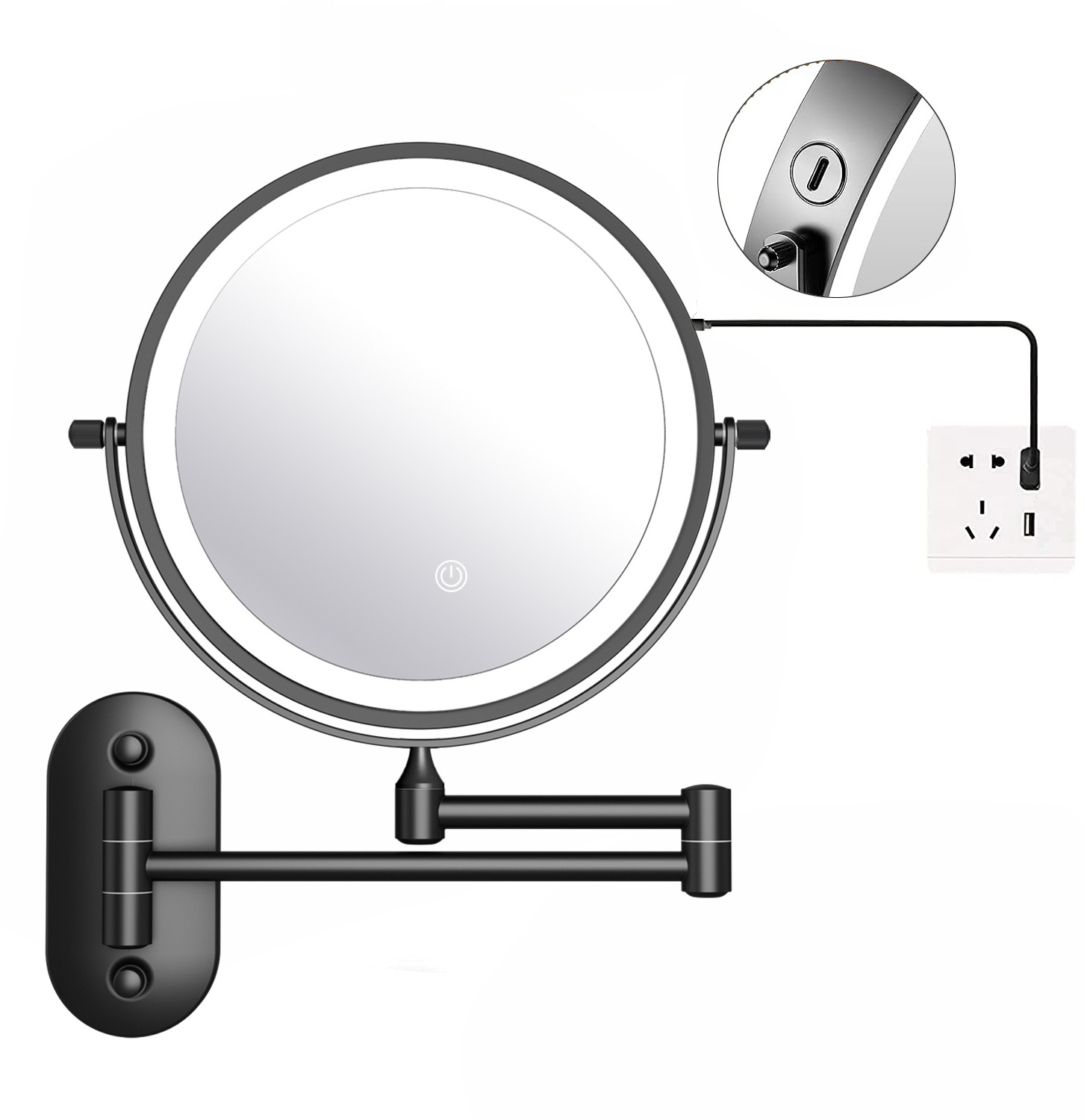 LED Rechargeable Black Color Wall mount Bathroom Magnifying Shaving Mirror Cosmetic Light Up Mirror