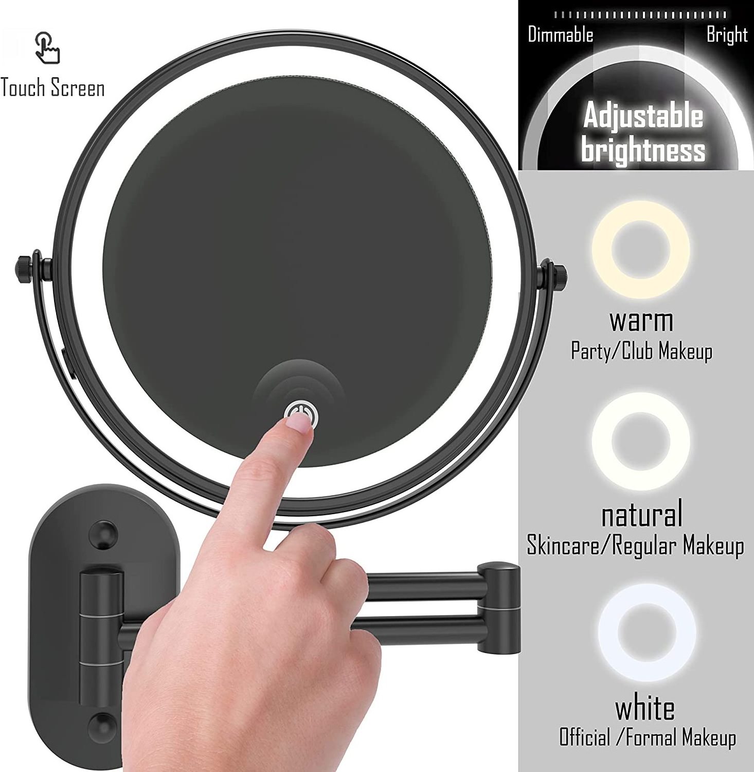 LED Rechargeable Black Color Wall mount Bathroom Magnifying Shaving Mirror Cosmetic Light Up Mirror