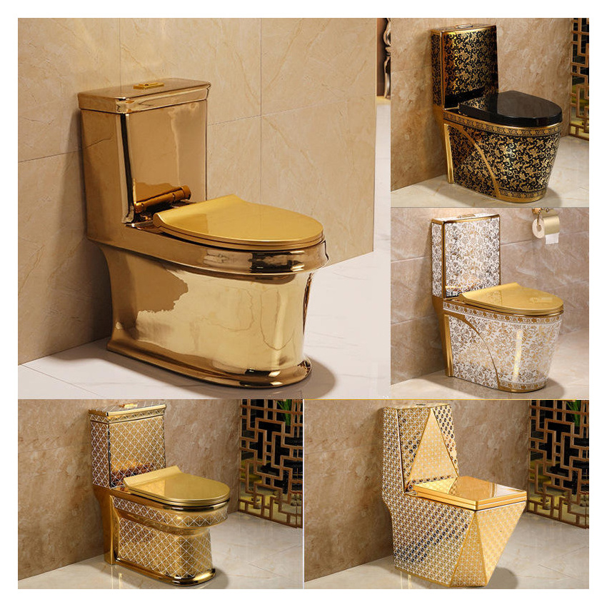 TUSSON Wholesale Golden Plated Sanitary Wares Wc Strap 250mm One Piece Ceramic Gold Color Toilet