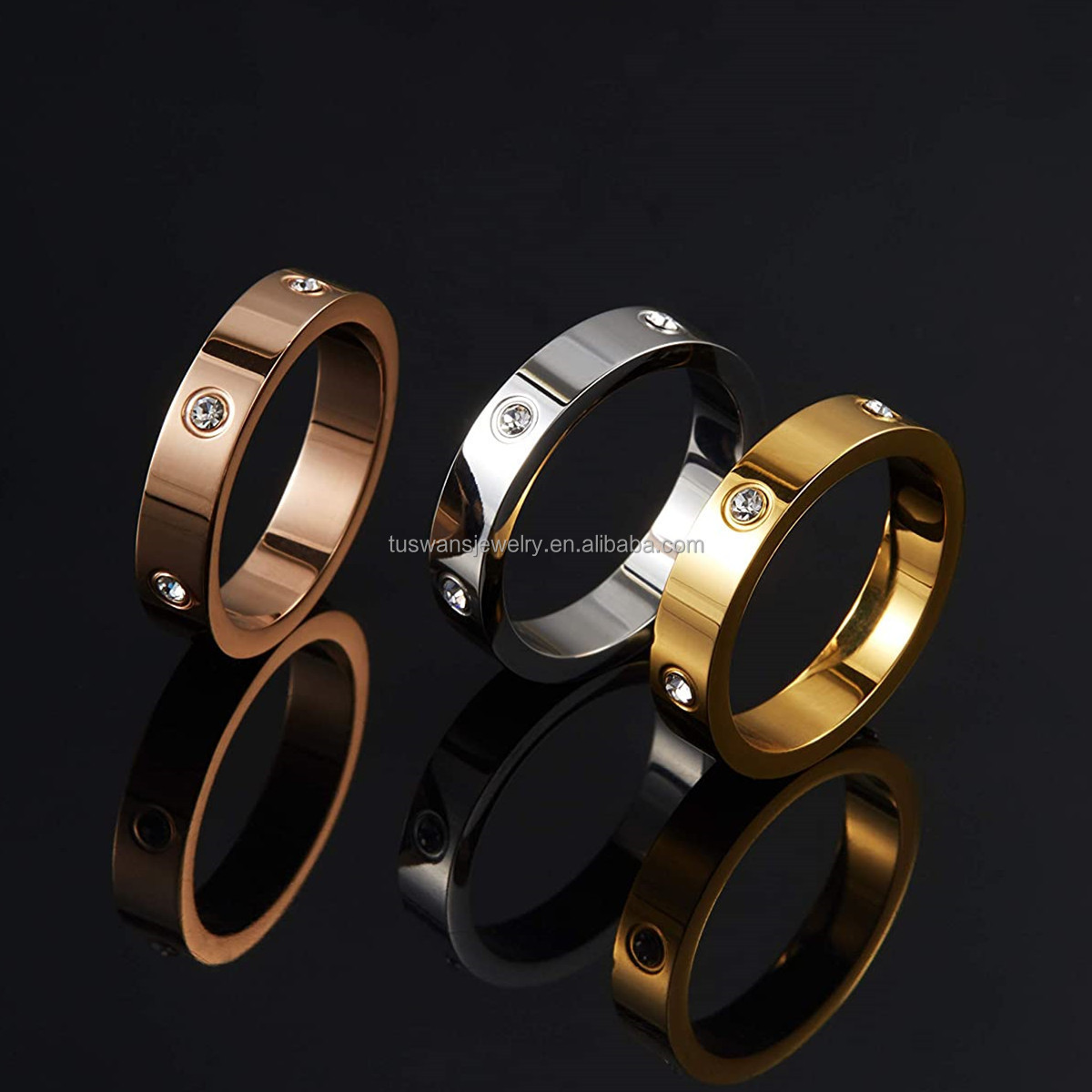 In Stock Fast Shipping 18K PVD Plated Cubic Zirconia Wedding Band Jewelry Accept Custom Logo Gold Stainless Steel Rings Men