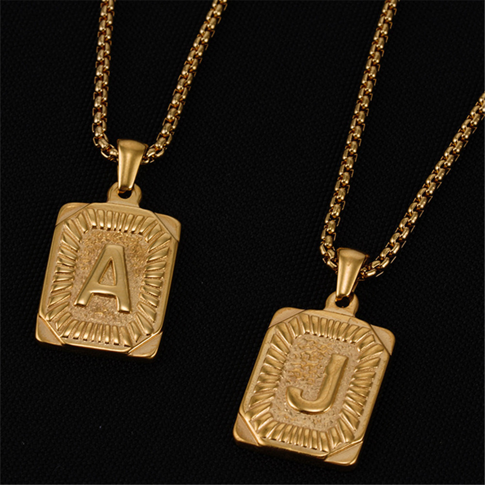 Initial A Z Letter Pendant Necklace Mens Womens Capital Letter Yellow Gold Plated Stainless Steel Box Chain