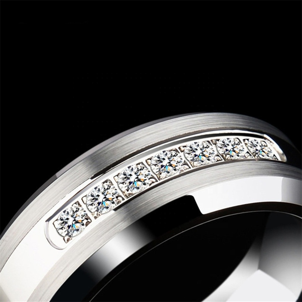 Luxury High Quality Shining Diamond Stone Bevel Edge Comfort Fit Silver Men Tungsten Ring