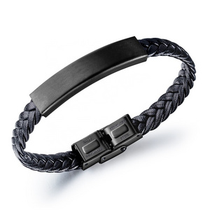 Hot Selling Cool Black Custom Cord Braided PU Leather Custom Cuff Bracelet For Men