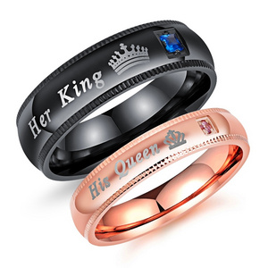 Romantic Anniversary Gift Stainless steel CZ Couple King And Queen Rings