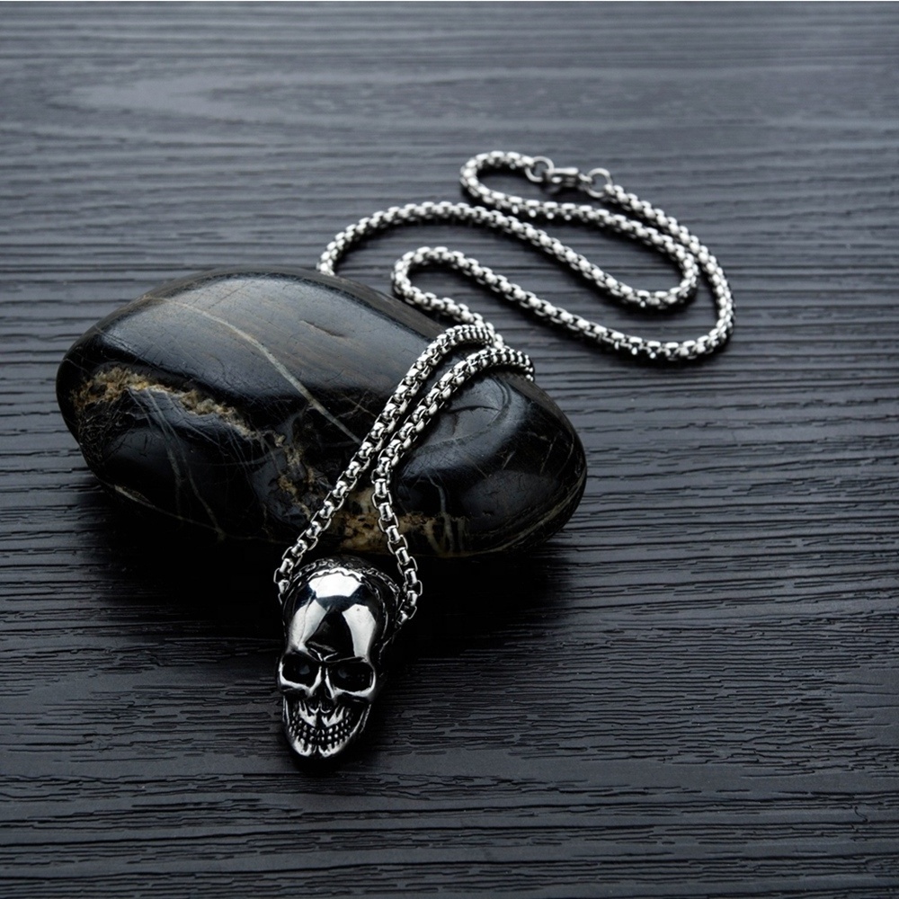 Exclusive Popular Fancy Cool Mens Jewelry Gold Black Silver Color Skull Necklace Men Stainless Steel