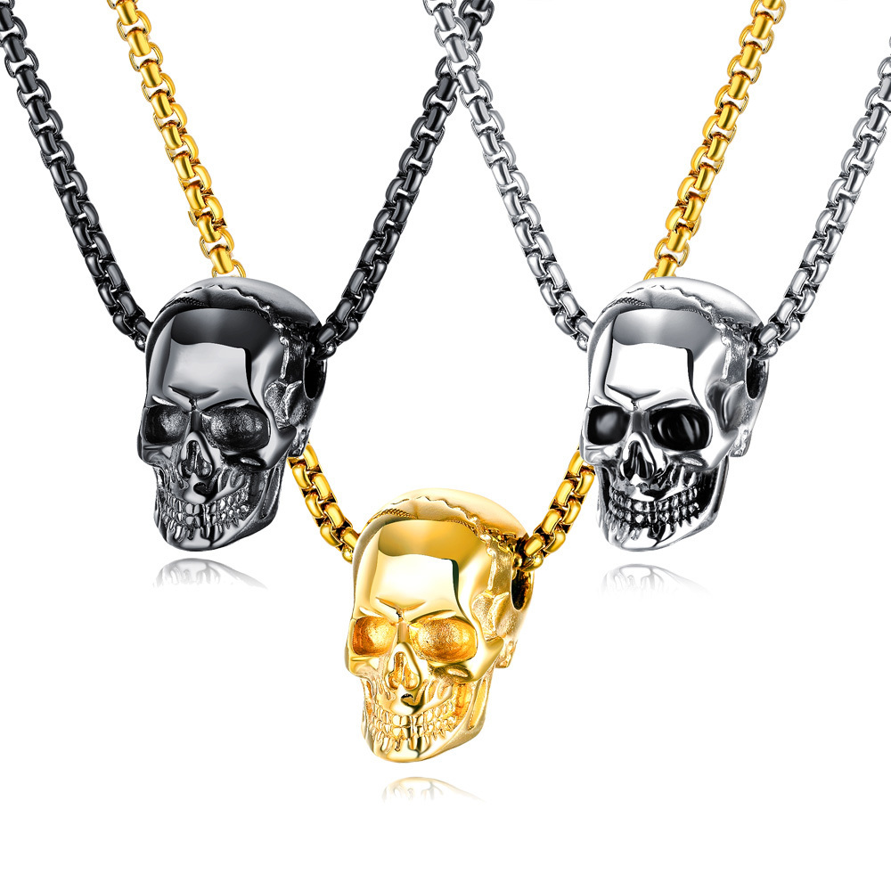 Exclusive Popular Fancy Cool Mens Jewelry Gold Black Silver Color Skull Necklace Men Stainless Steel