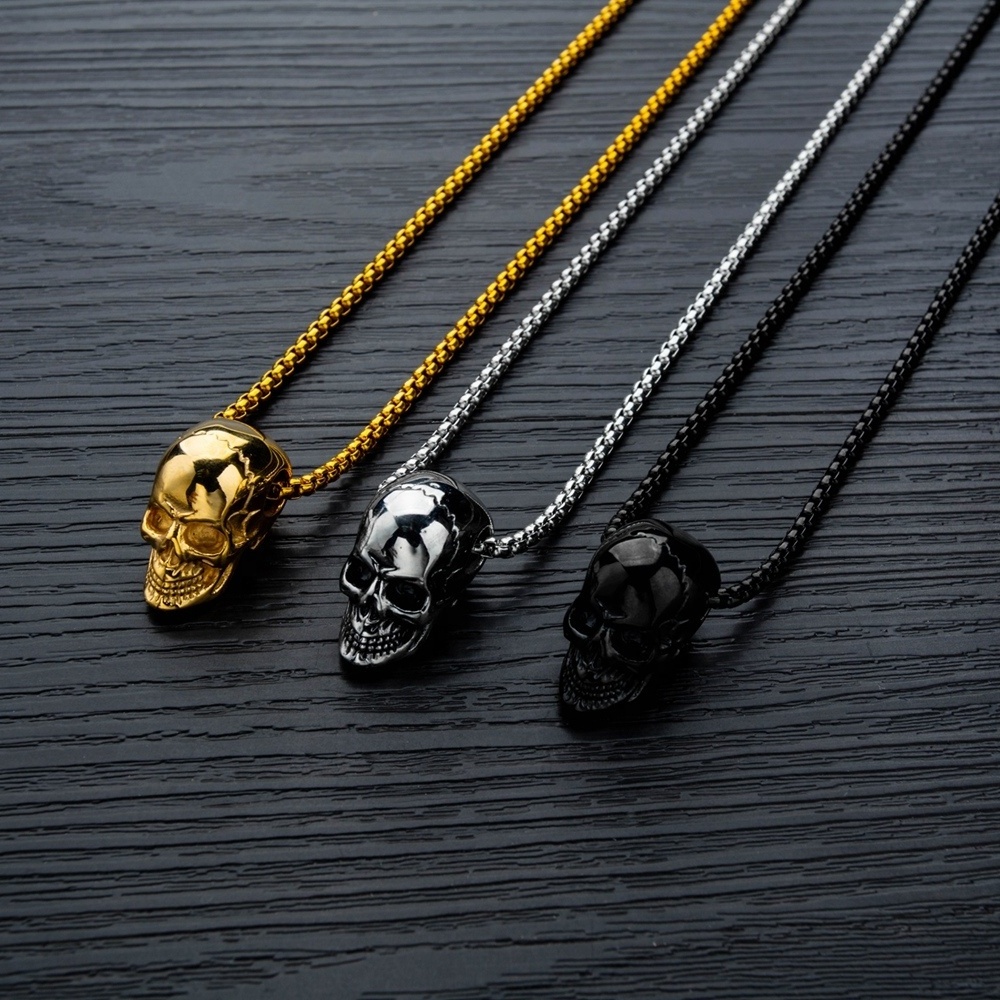 Exclusive Popular Fancy Cool Mens Jewelry Gold Black Silver Color Skull Necklace Men Stainless Steel