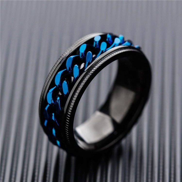 Wholesale Cheap Cool Blue Chain Stainless Steel Class Spinner Ring