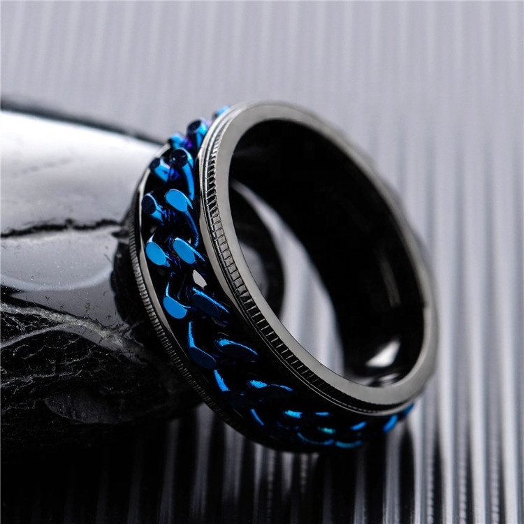 Wholesale Cheap Cool Blue Chain Stainless Steel Class Spinner Ring